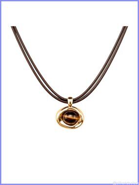 Leather Cord Necklace with Natural Tiger Eye Stone Pendant Adjustable